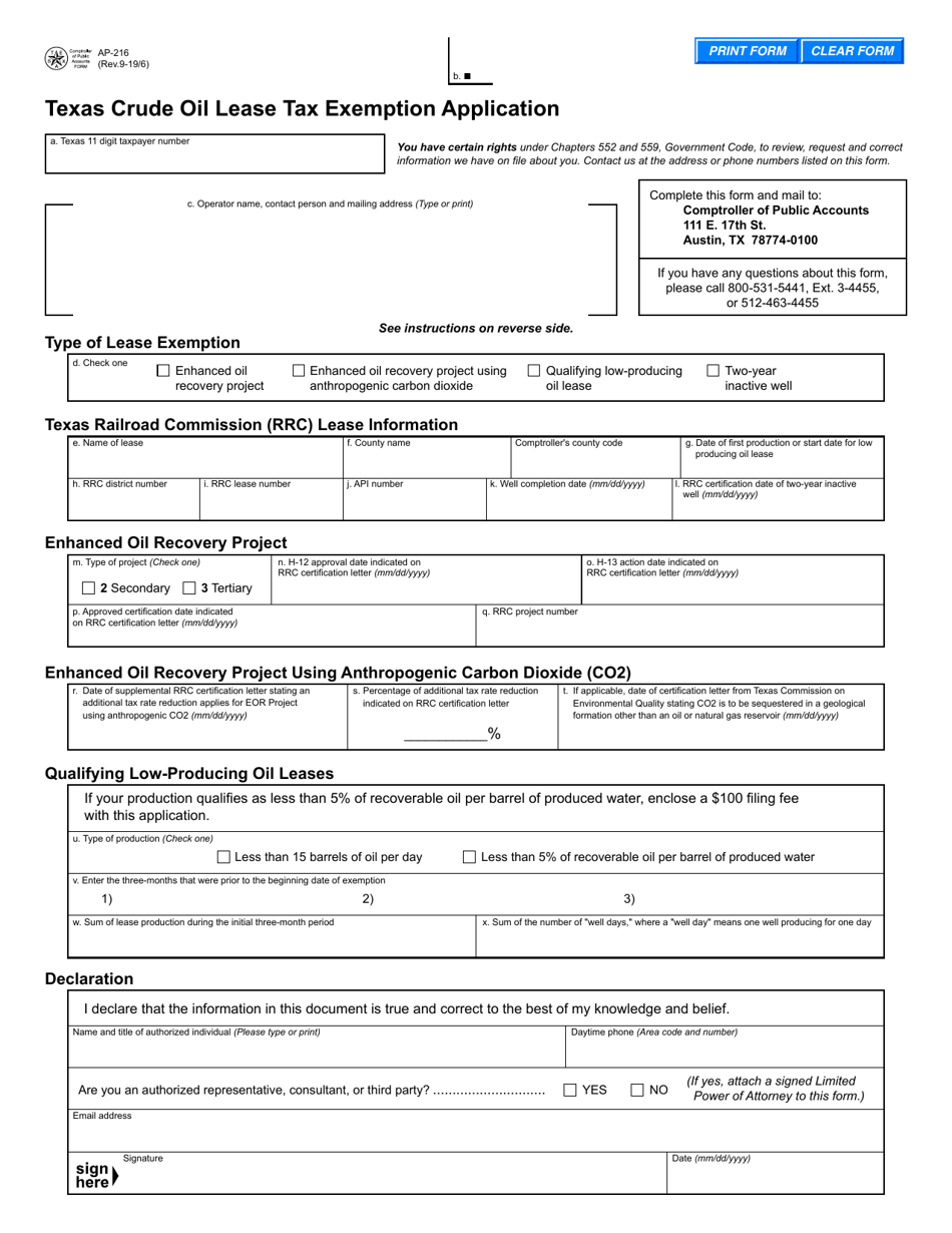 Form AP-216 Texas Crude Oil Lease Tax Exemption Application - Texas, Page 1