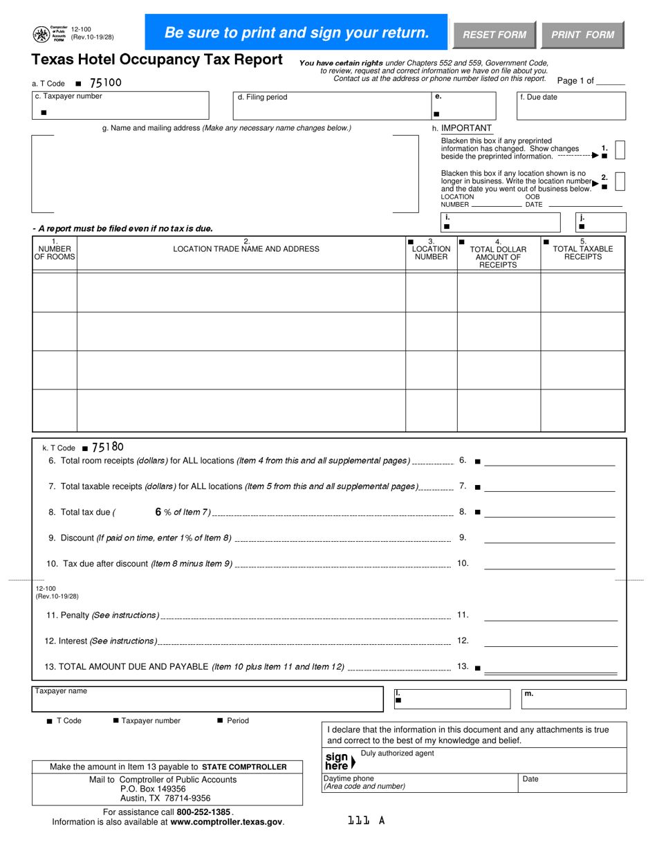 Form 12 100 Download Fillable Pdf Or Fill Online Texas Hotel Occupancy 0884