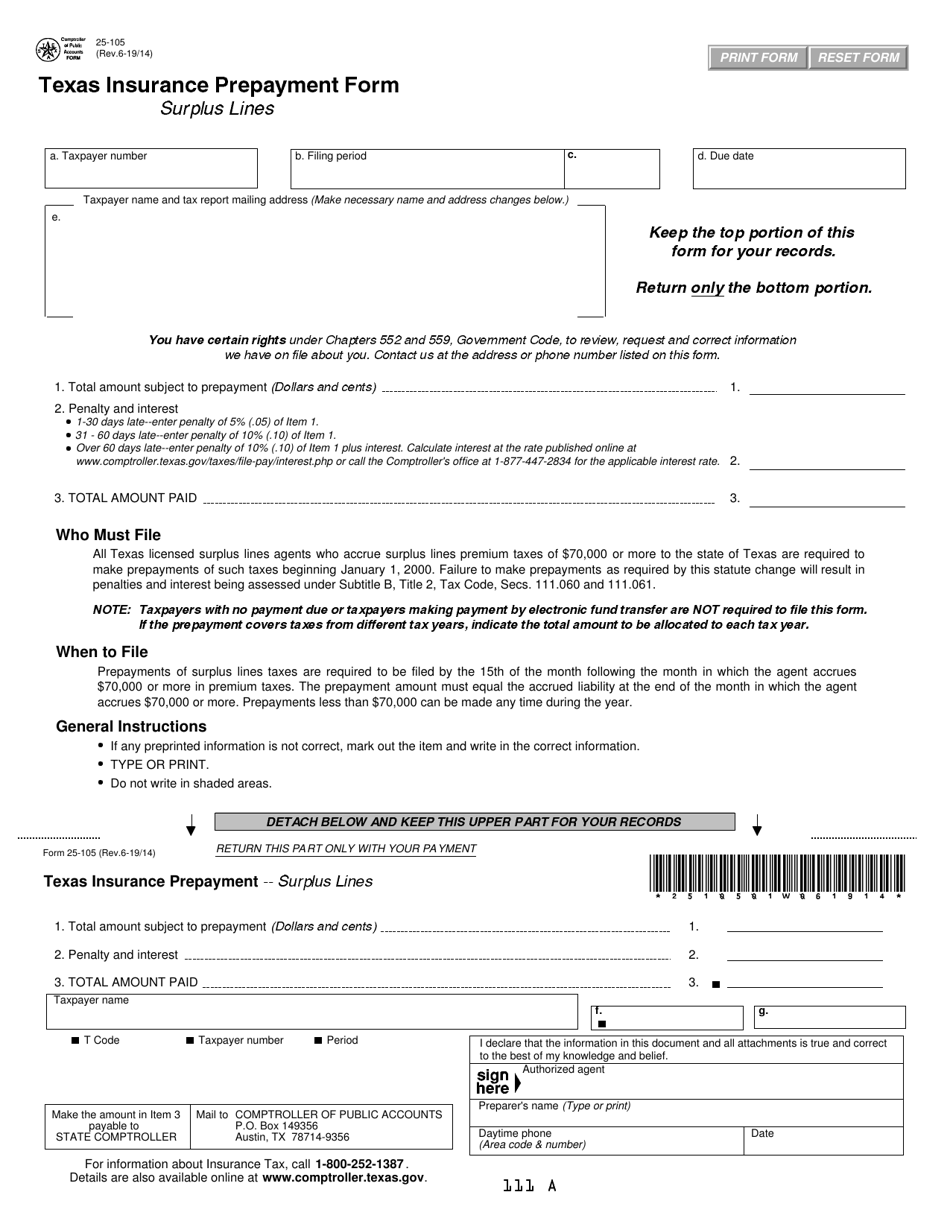 Form 25-105 Texas Insurance Prepayment Form - Texas, Page 1