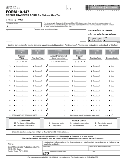 Form 10-147 Credit Transfer Form for Natural Gas Tax - Texas