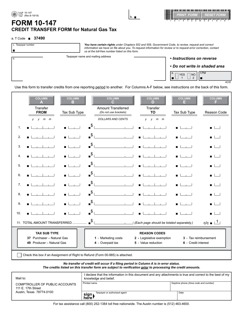 Form 10-147 Credit Transfer Form for Natural Gas Tax - Texas, Page 1