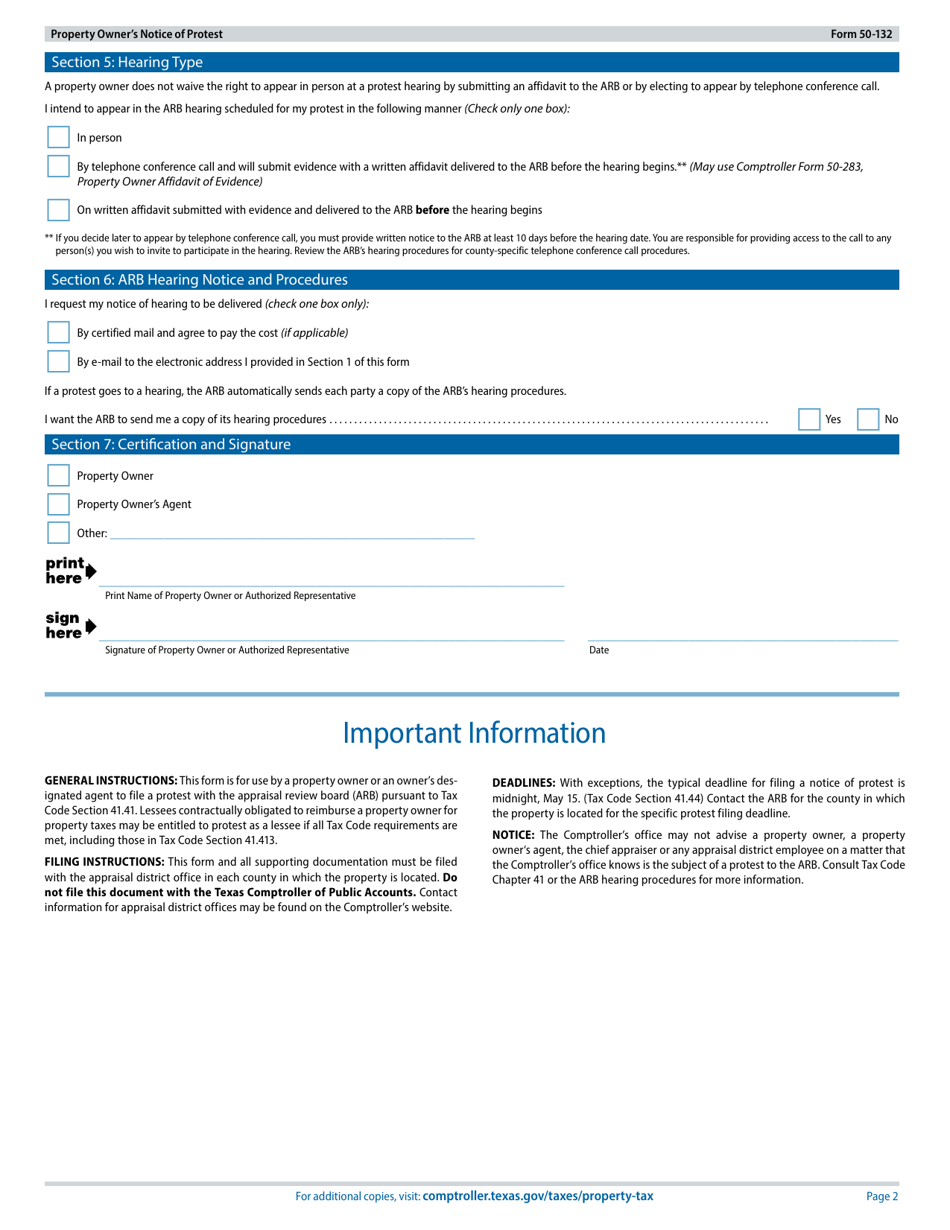 Form 50-132 Property Owners Notice of Protest - Texas, Page 2