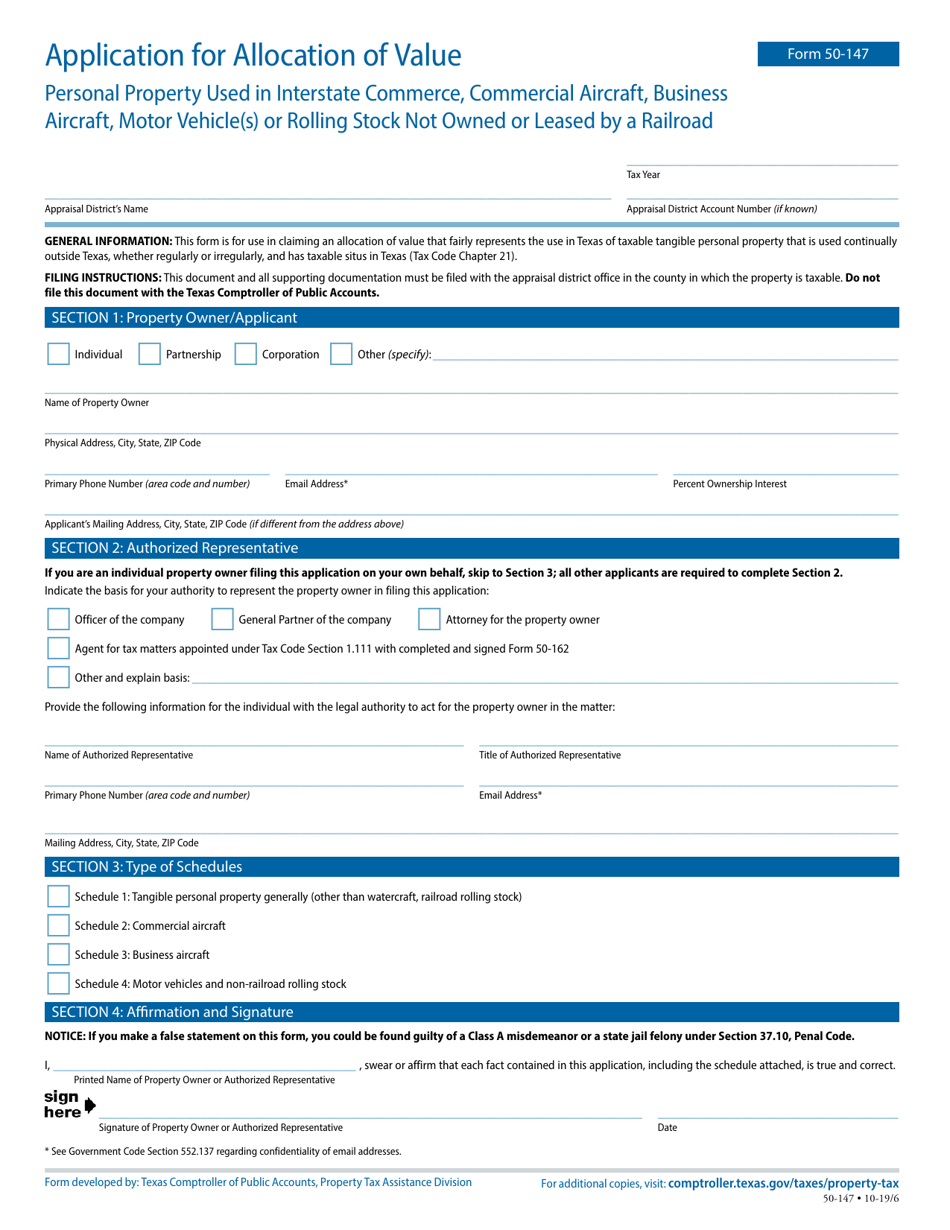 Form 50-147 Application for Allocation of Value for Personal Property Used in Interstate Commerce, Commercial Aircraft, Business Aircraft, Motor Vehicle(S), or Rolling Stock Not Owned or Leased by a Railroad - Texas, Page 1