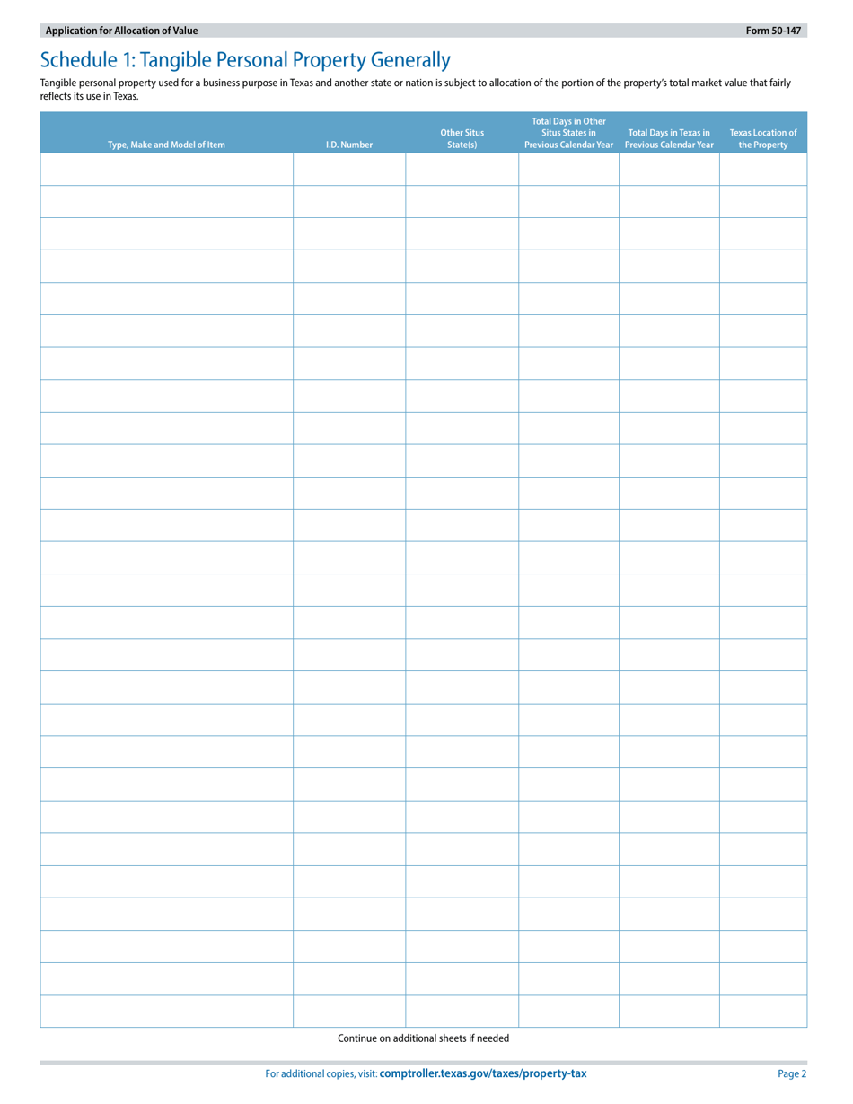 Form 50-147 Application for Allocation of Value for Personal Property Used in Interstate Commerce, Commercial Aircraft, Business Aircraft, Motor Vehicle(S), or Rolling Stock Not Owned or Leased by a Railroad - Texas, Page 2