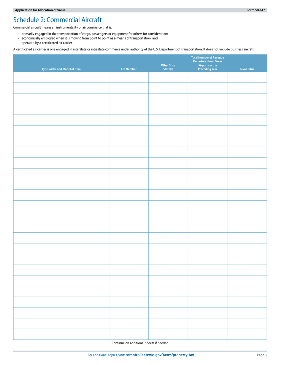 Form 50-147 Application for Allocation of Value for Personal Property Used in Interstate Commerce, Commercial Aircraft, Business Aircraft, Motor Vehicle(S), or Rolling Stock Not Owned or Leased by a Railroad - Texas, Page 3
