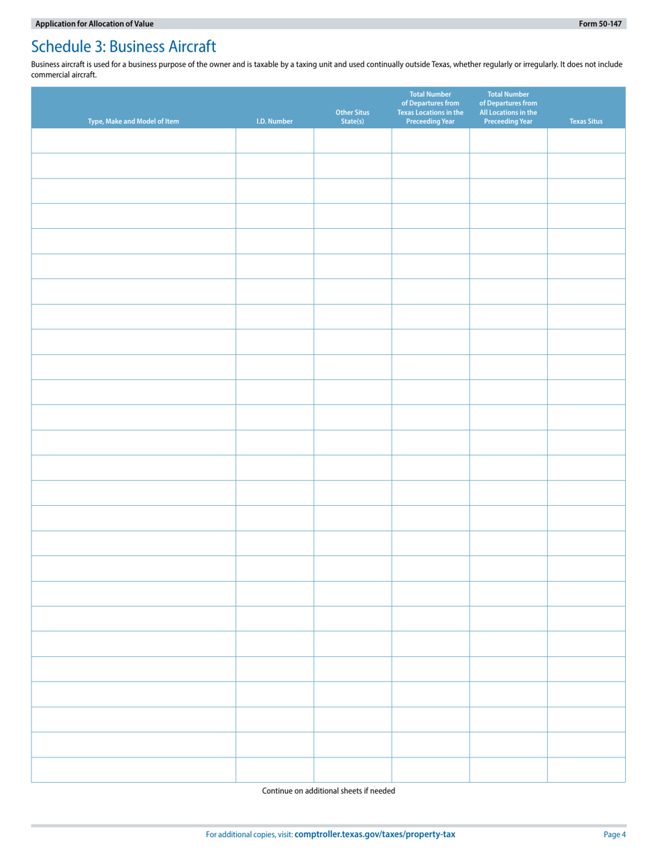 Form 50-147 Application for Allocation of Value for Personal Property Used in Interstate Commerce, Commercial Aircraft, Business Aircraft, Motor Vehicle(S), or Rolling Stock Not Owned or Leased by a Railroad - Texas, Page 4