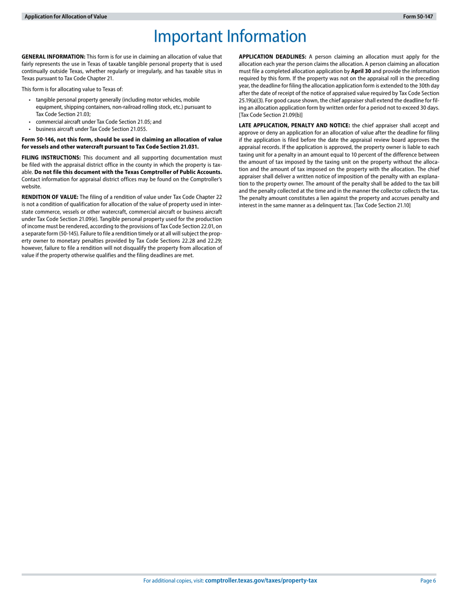 Form 50-147 Application for Allocation of Value for Personal Property Used in Interstate Commerce, Commercial Aircraft, Business Aircraft, Motor Vehicle(S), or Rolling Stock Not Owned or Leased by a Railroad - Texas, Page 6