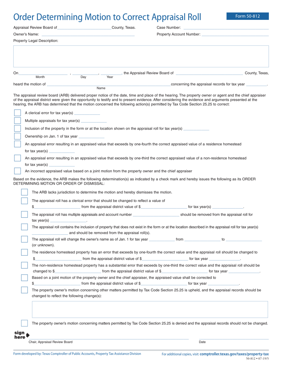Form 50-812 Order Determining Motion to Correct Appraisal Roll - Texas, Page 1