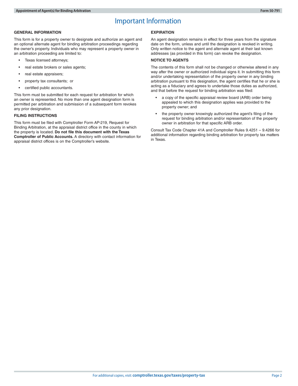 Form 50-791 Appointment of Agent(S) for Binding Arbitration - Texas, Page 2