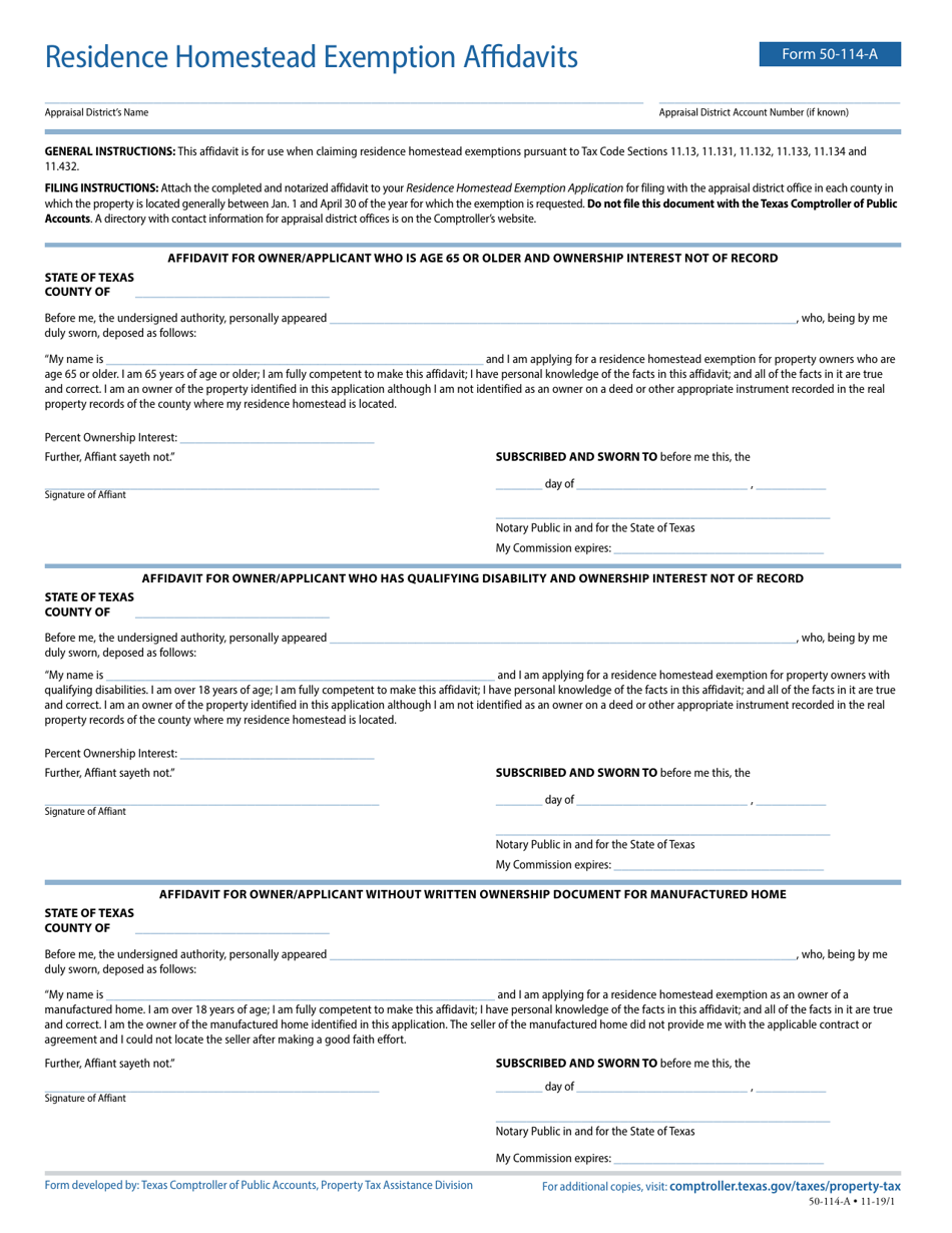 Form 50114A Download Fillable PDF or Fill Online Residence Homestead