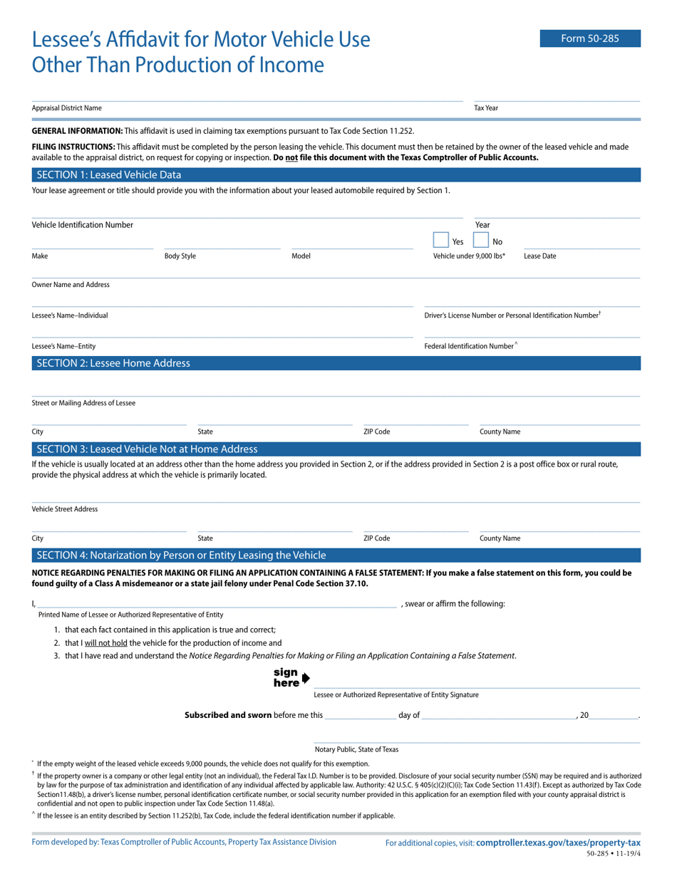 Form 50-285 Lessees Affidavit for Motor Vehicle Use Other Than Production of Income - Texas, Page 1