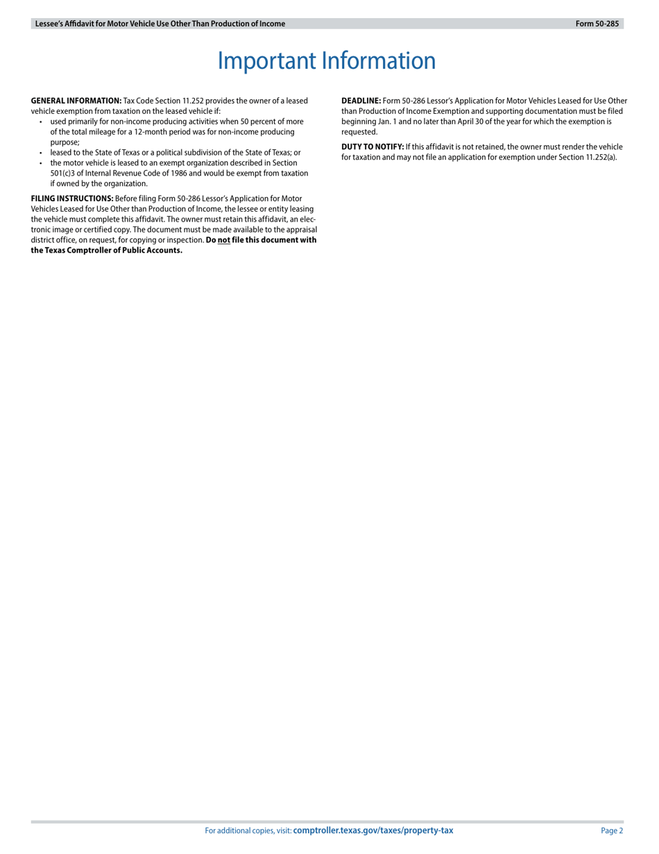 Form 50-285 Lessees Affidavit for Motor Vehicle Use Other Than Production of Income - Texas, Page 2