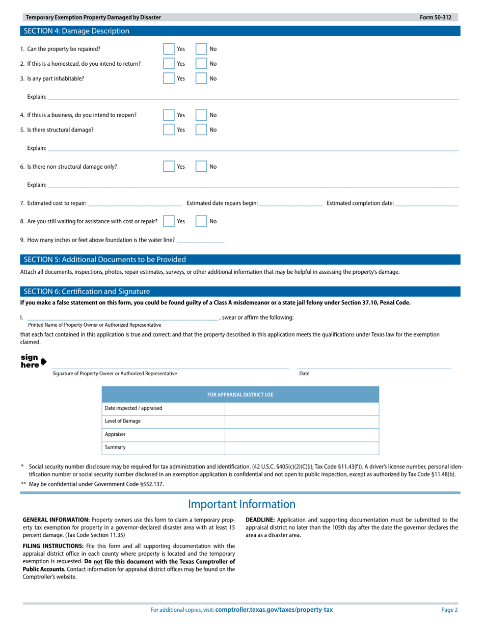 Form 50-312 Temporary Exemption Property Damaged by Disaster - Texas, Page 2