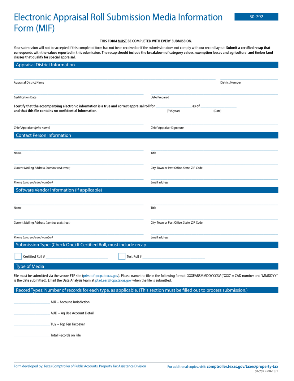 Form 50-792 Electronic Appraisal Roll Submission Media Information Form (Mif) - Texas, Page 1