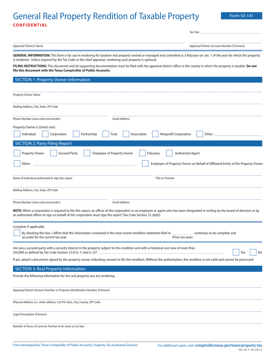 Form 50-141 General Real Property Rendition of Taxable Property - Texas, Page 1