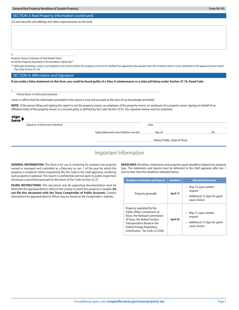 Form 50-141 General Real Property Rendition of Taxable Property - Texas, Page 2