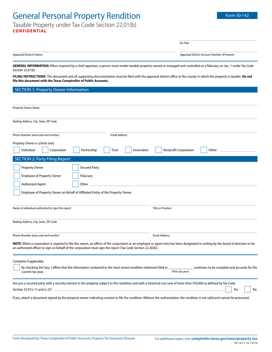Form 50-142 General Personal Property Rendition - Texas, Page 1