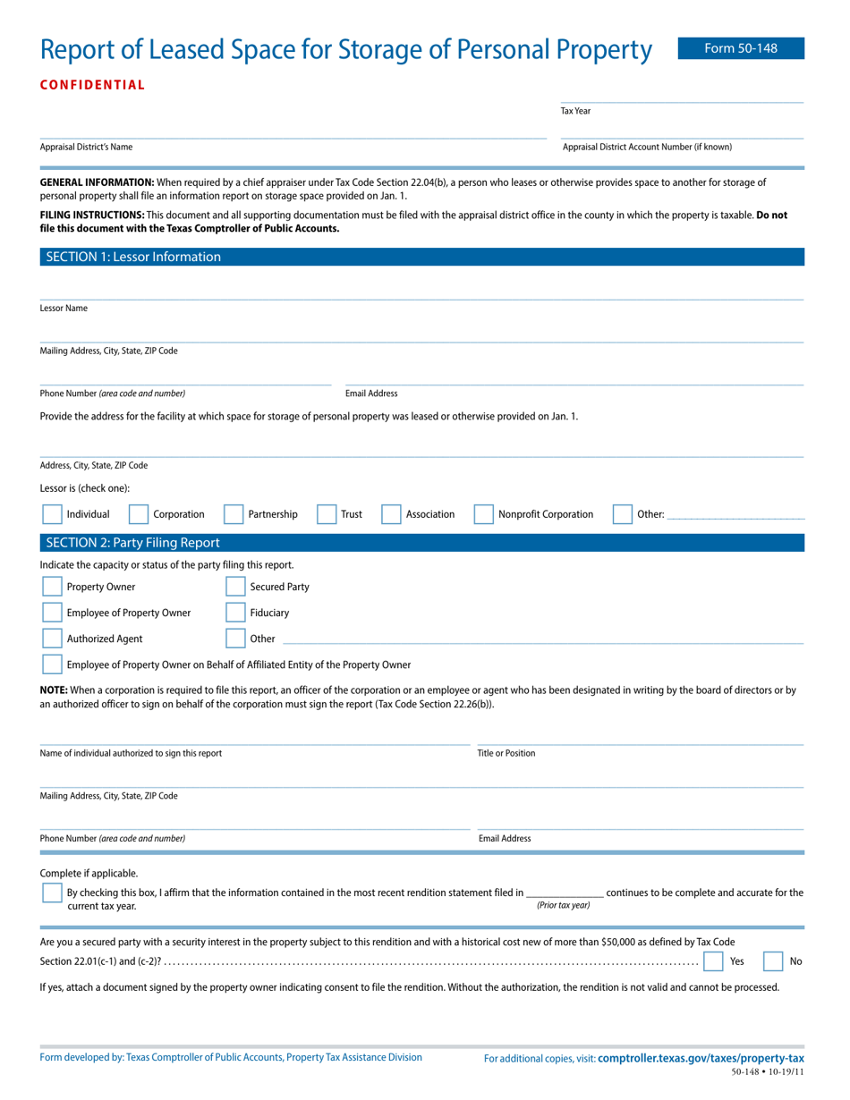 Form 50-148 Report of Leased Space for Storage of Personal Property - Texas, Page 1