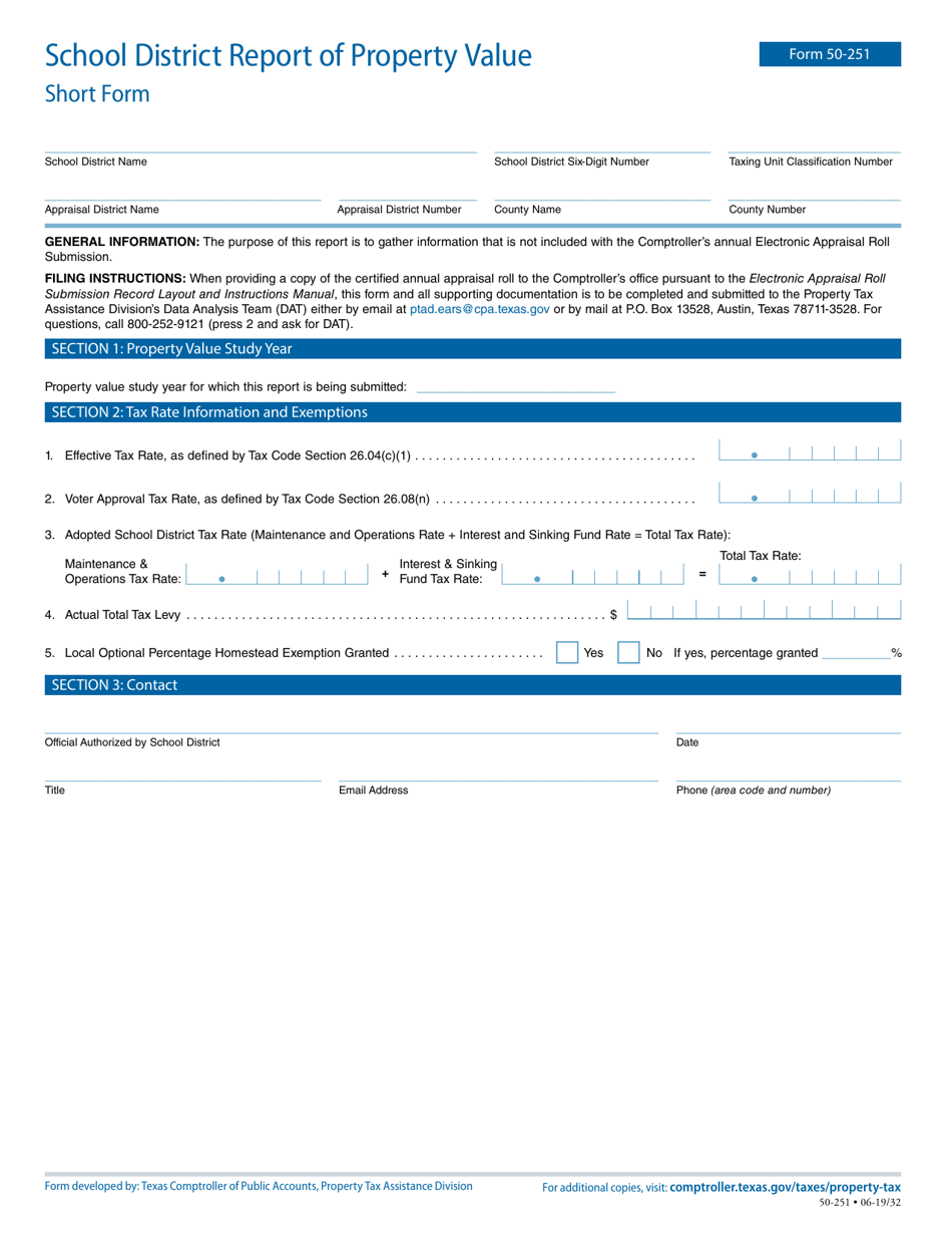 Form 50-251 School District Report of Property Value - Short Form - Texas, Page 1