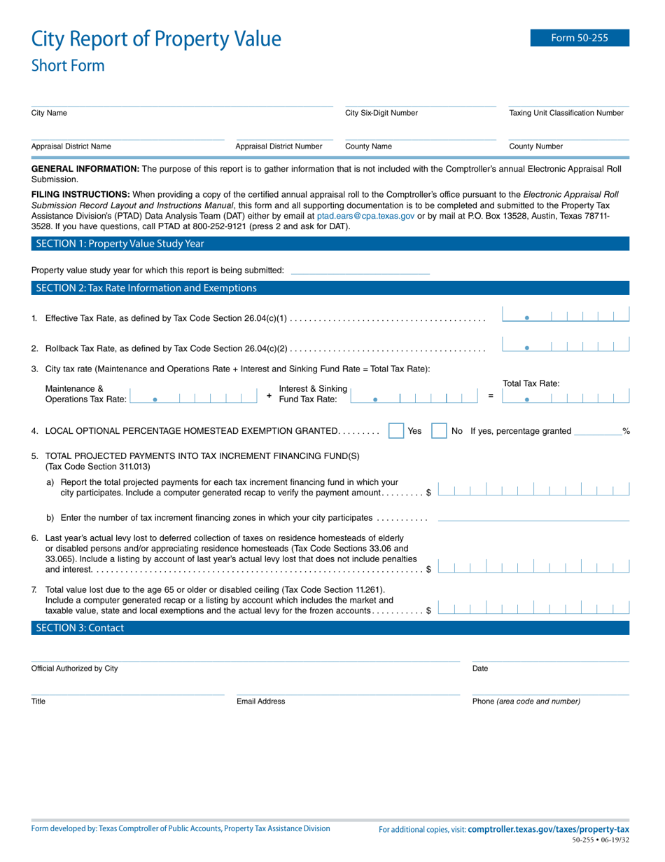 Form 50-255 City Report of Property Value - Short Form - Texas, Page 1