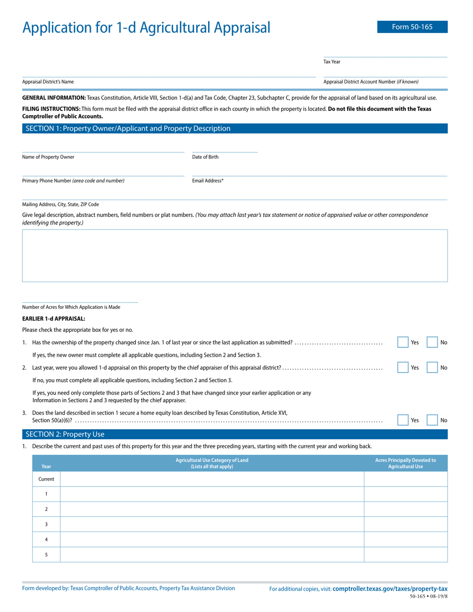 Form 50-165 Application for 1-d Agricultural Appraisal - Texas, Page 1