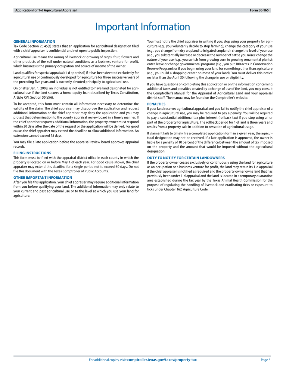 Form 50-165 Application for 1-d Agricultural Appraisal - Texas, Page 3