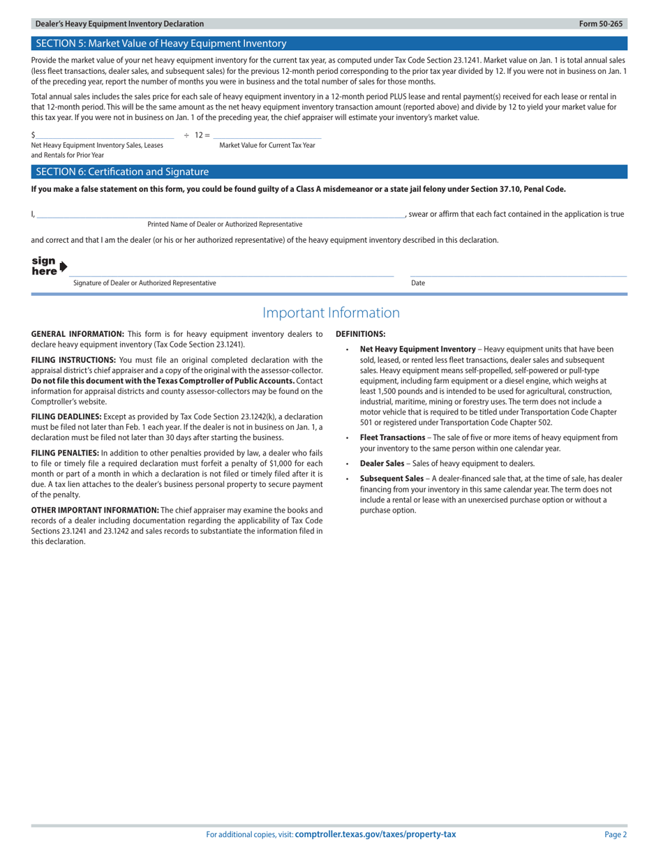 Form 50-265 Dealers Heavy Equipment Inventory Declaration - Texas, Page 2