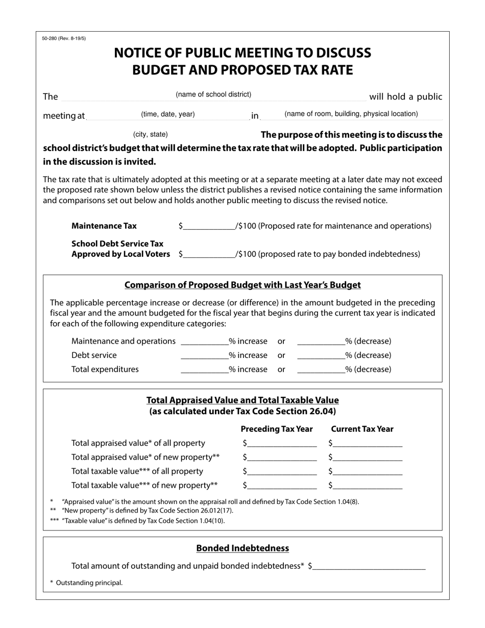 Form 50-280 Notice of Public Meeting to Discuss Budget and Proposed Tax Rate - Texas, Page 1