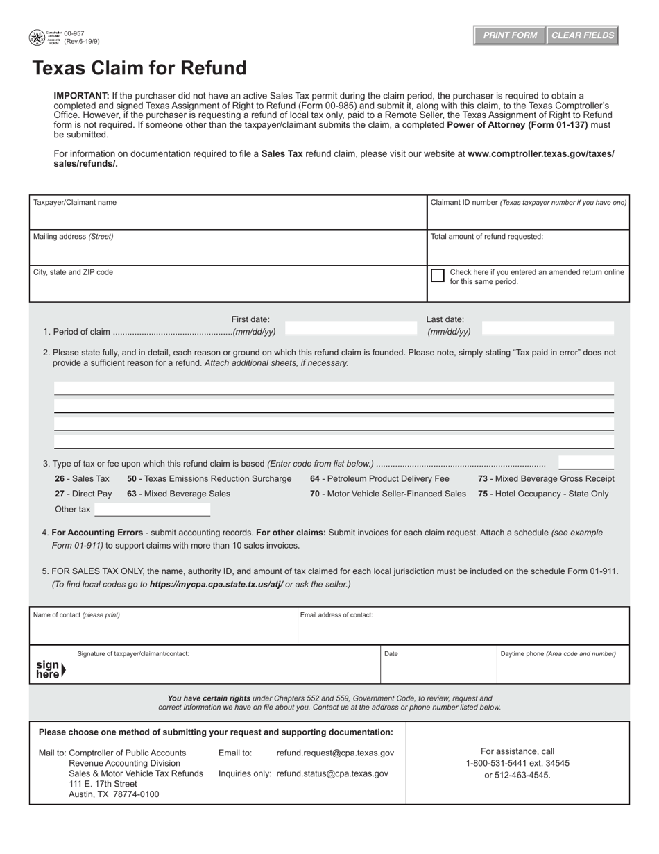 Form 00-957 Texas Claim for Refund - Texas, Page 1