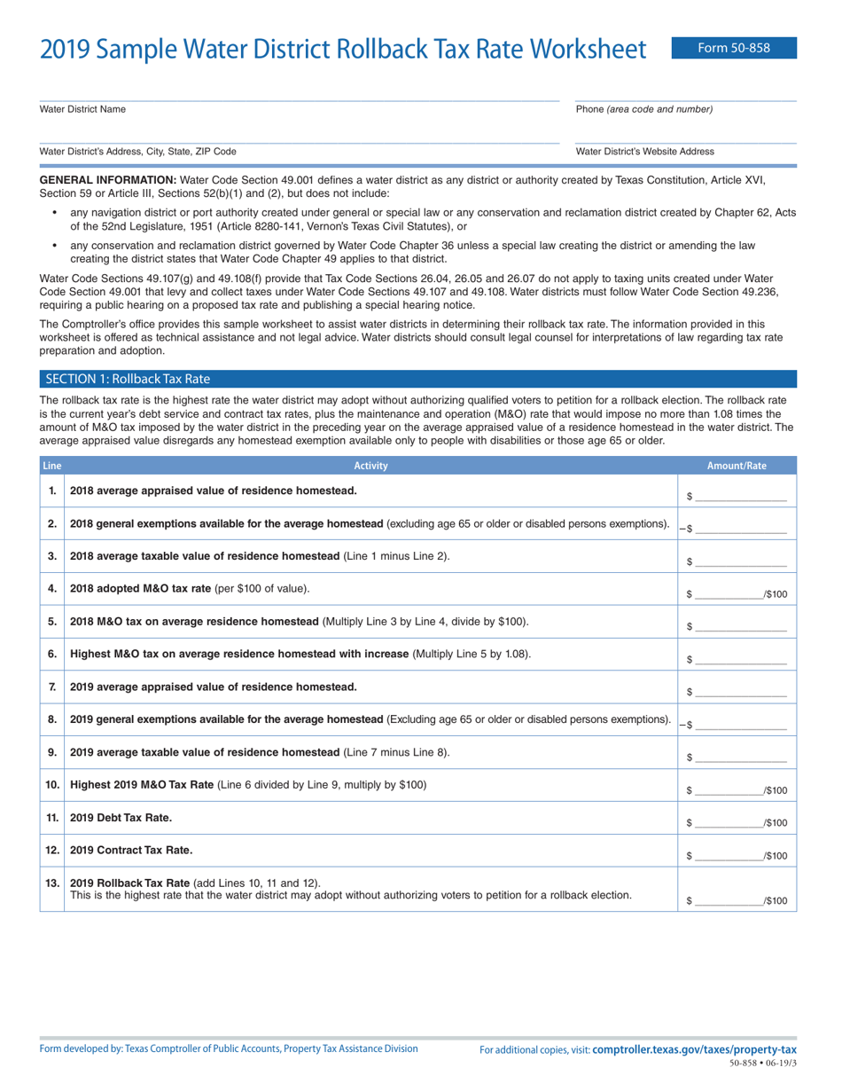 Form 50-858 Sample Water District Rollback Tax Rate Worksheet - Texas, Page 1