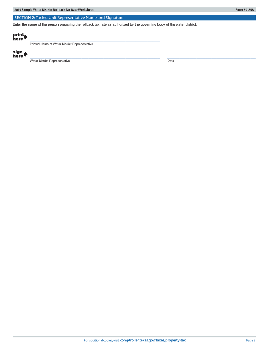 Form 50-858 Sample Water District Rollback Tax Rate Worksheet - Texas, Page 2