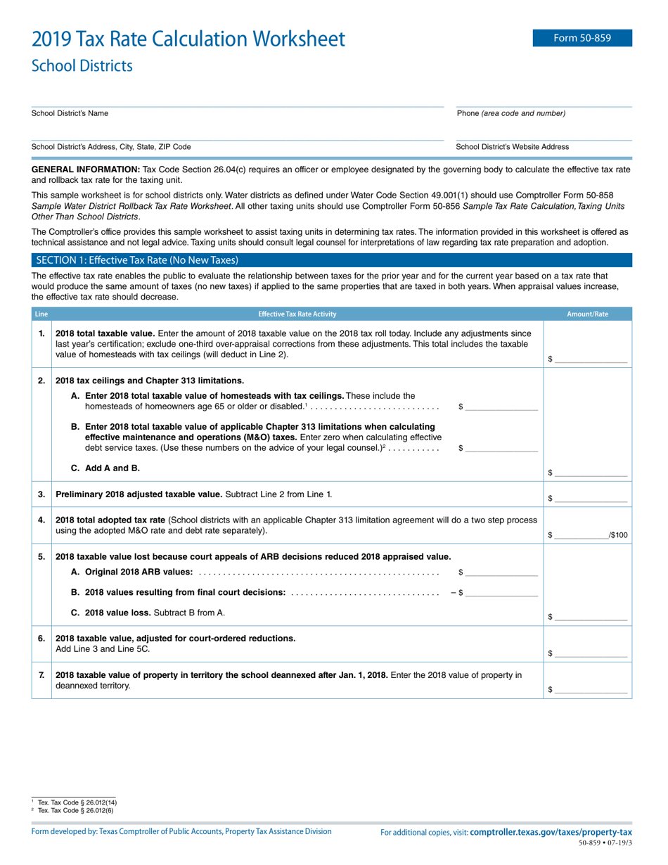 Form 50-859 Tax Rate Calculation Worksheet School Districts - Texas, Page 1