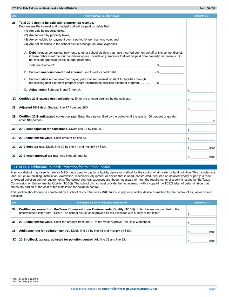 Form 50-859 Tax Rate Calculation Worksheet School Districts - Texas, Page 4