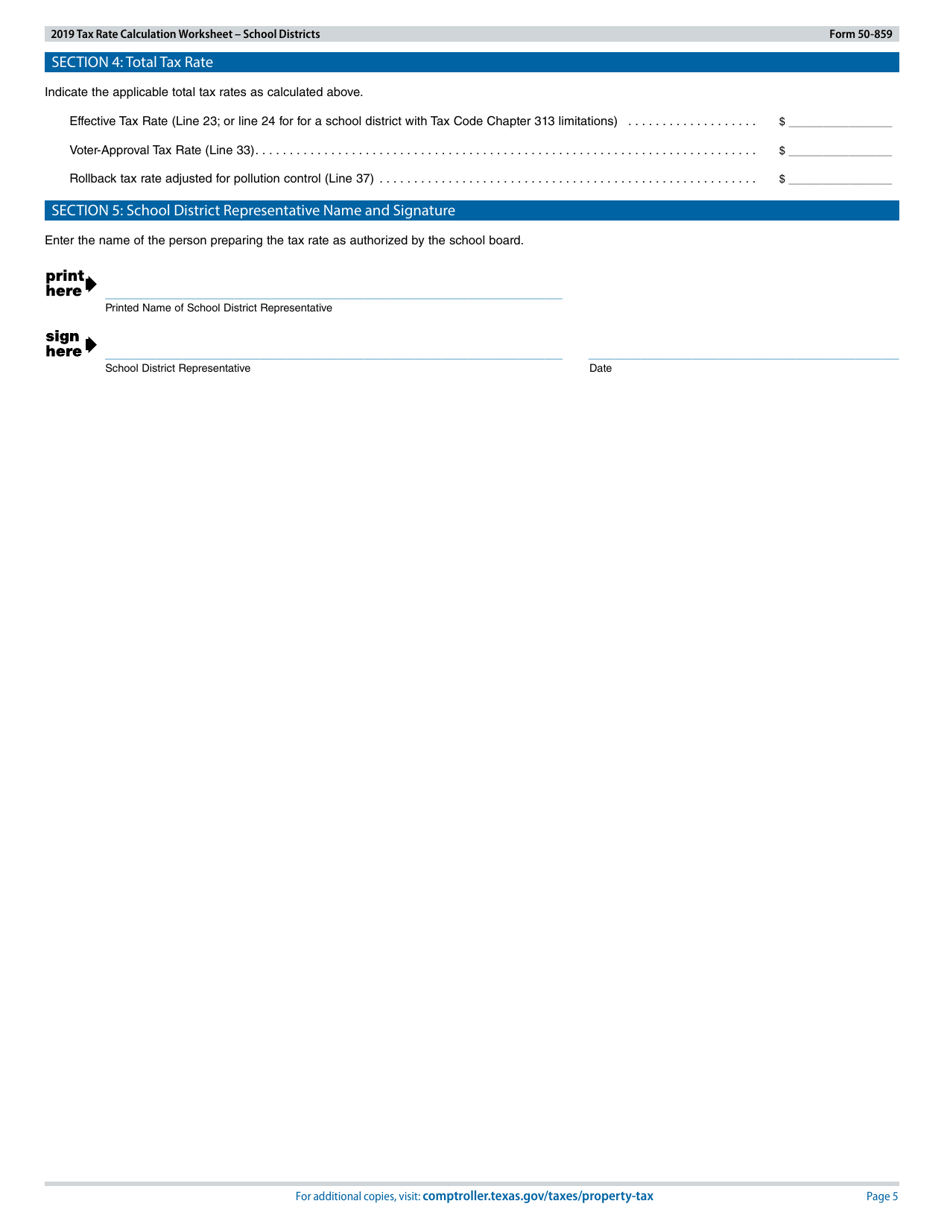 Form 50-859 Tax Rate Calculation Worksheet School Districts - Texas, Page 5