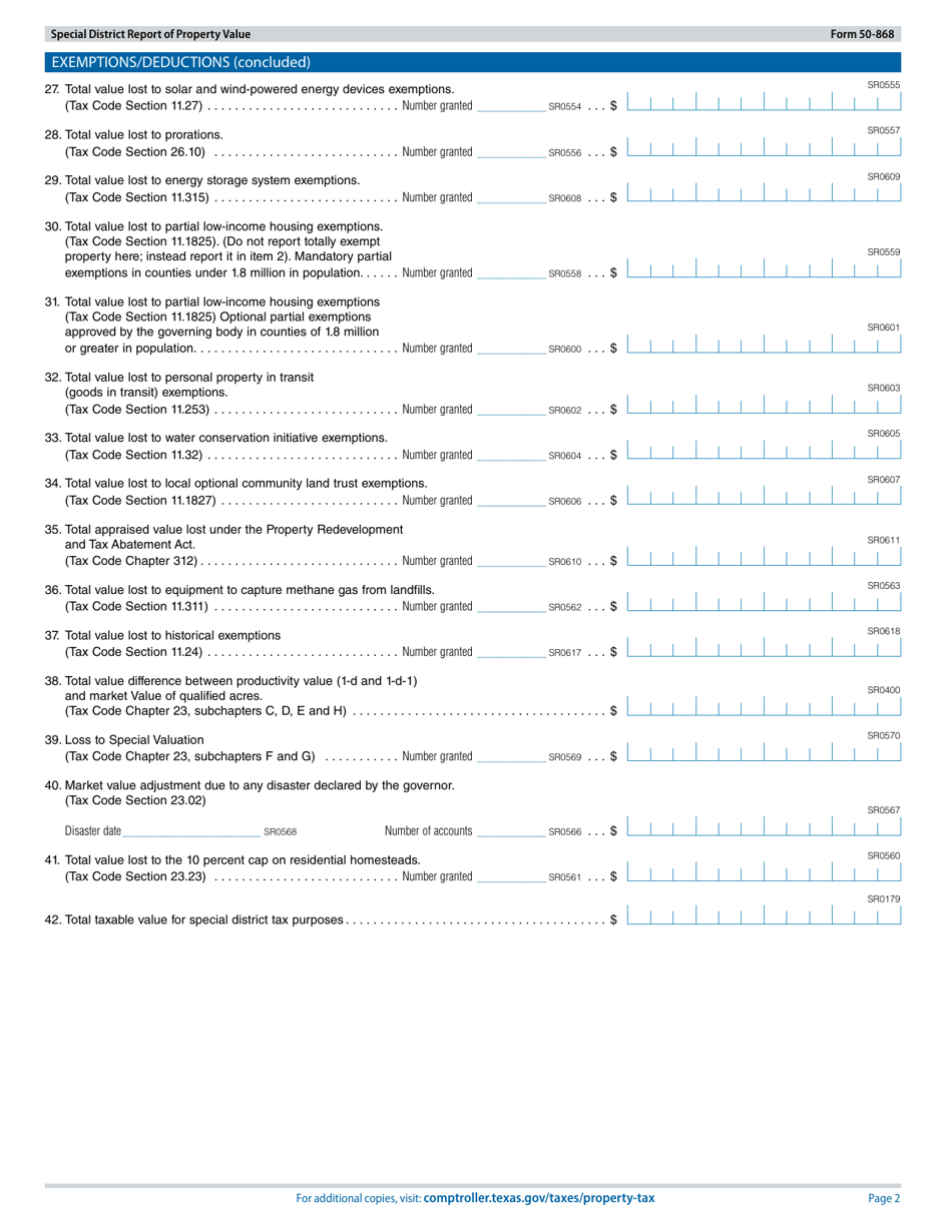 Form 50-868 Special District Report of Property Value - Texas, Page 2