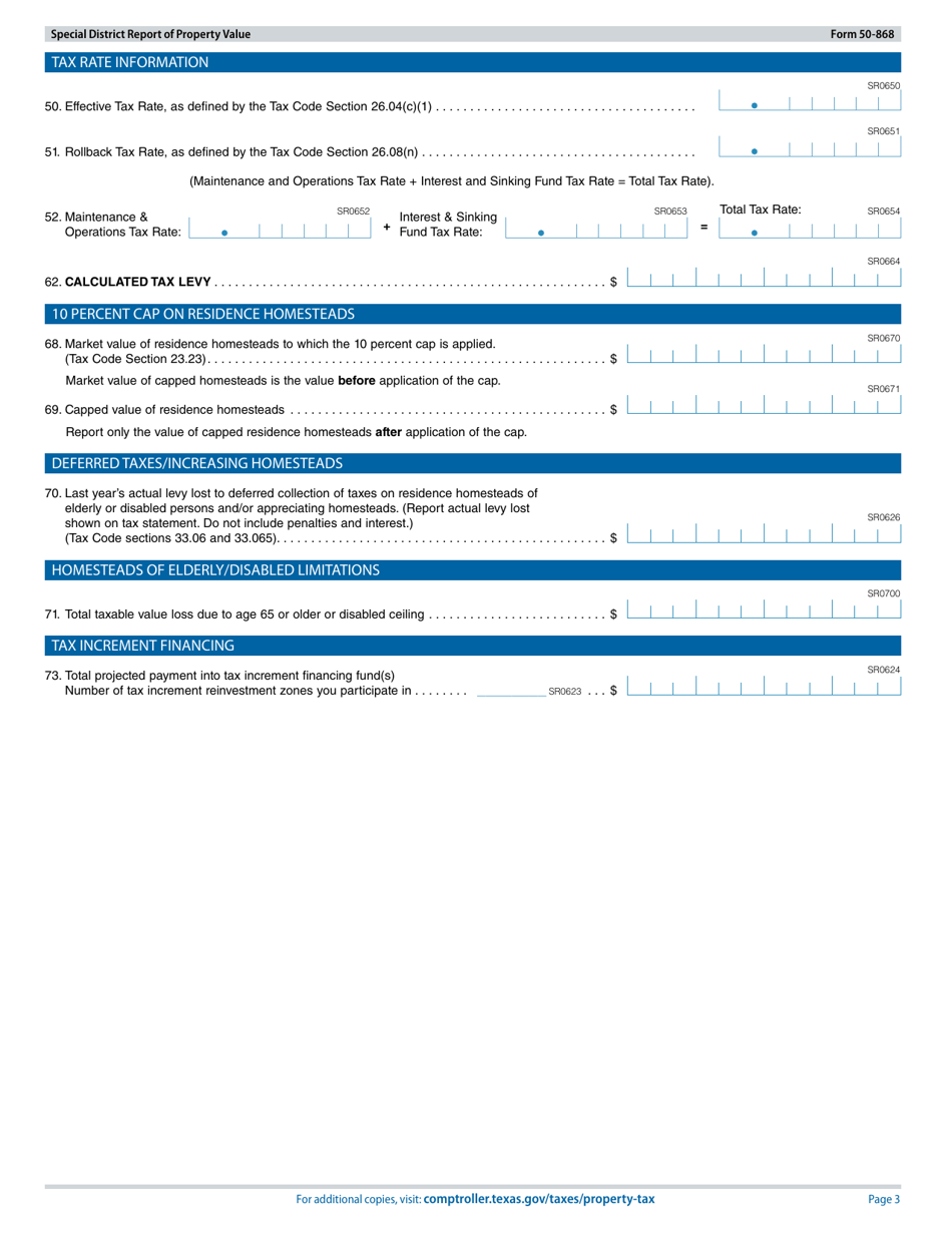 Form 50-868 Special District Report of Property Value - Texas, Page 3