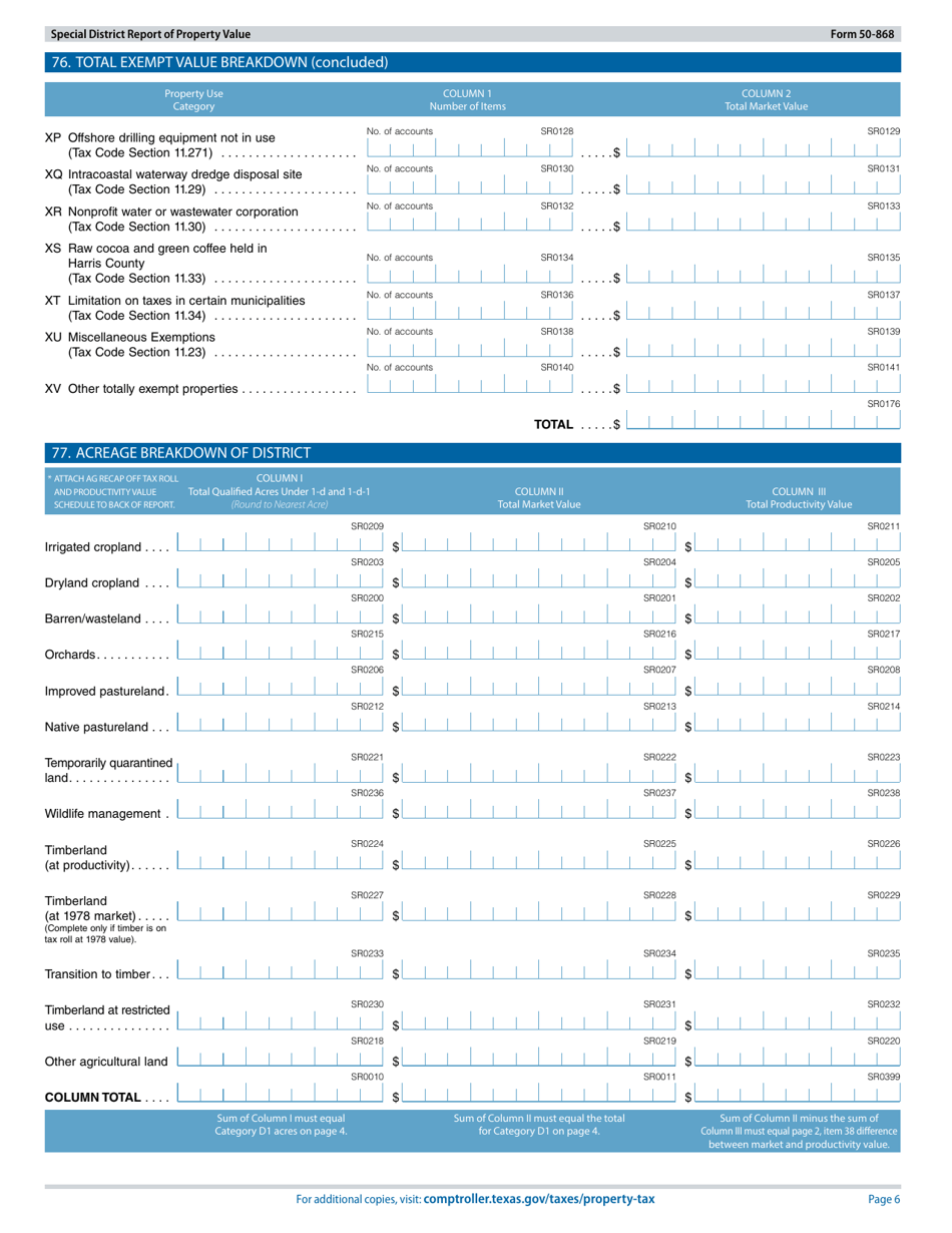 Form 50-868 Special District Report of Property Value - Texas, Page 6