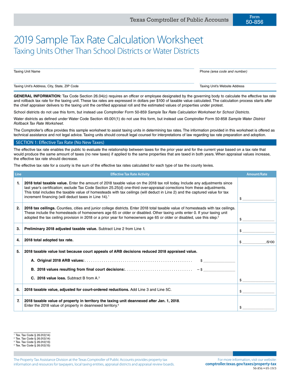 Form 50-856 Sample Tax Rate Calculation Worksheet Taxing Units Other Than School Districts or Water Districts - Texas, Page 1