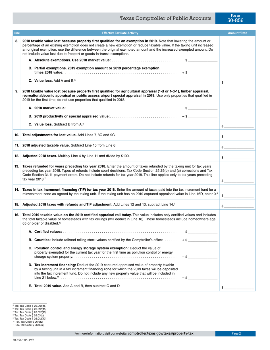 Form 50-856 Sample Tax Rate Calculation Worksheet Taxing Units Other Than School Districts or Water Districts - Texas, Page 2