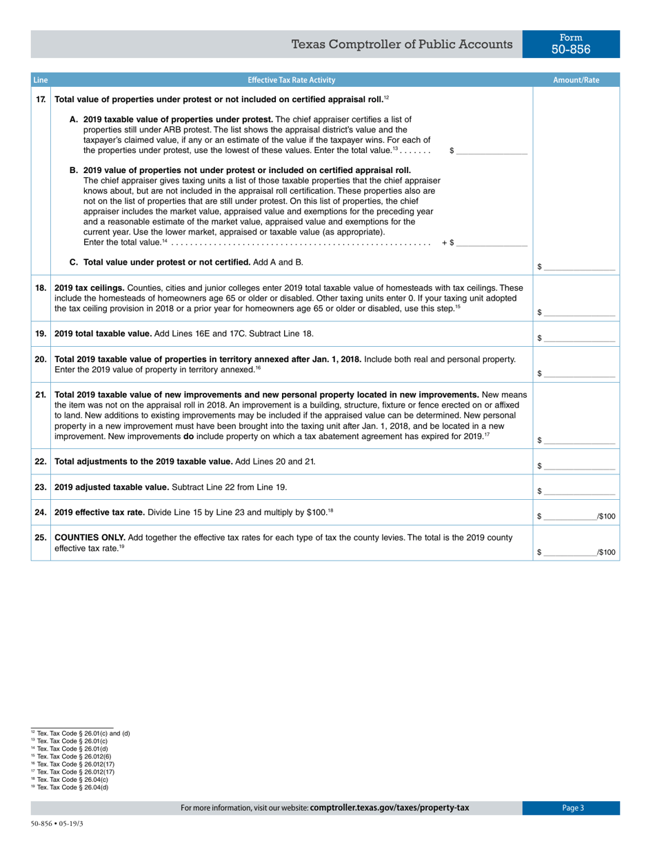 Form 50-856 Sample Tax Rate Calculation Worksheet Taxing Units Other Than School Districts or Water Districts - Texas, Page 3