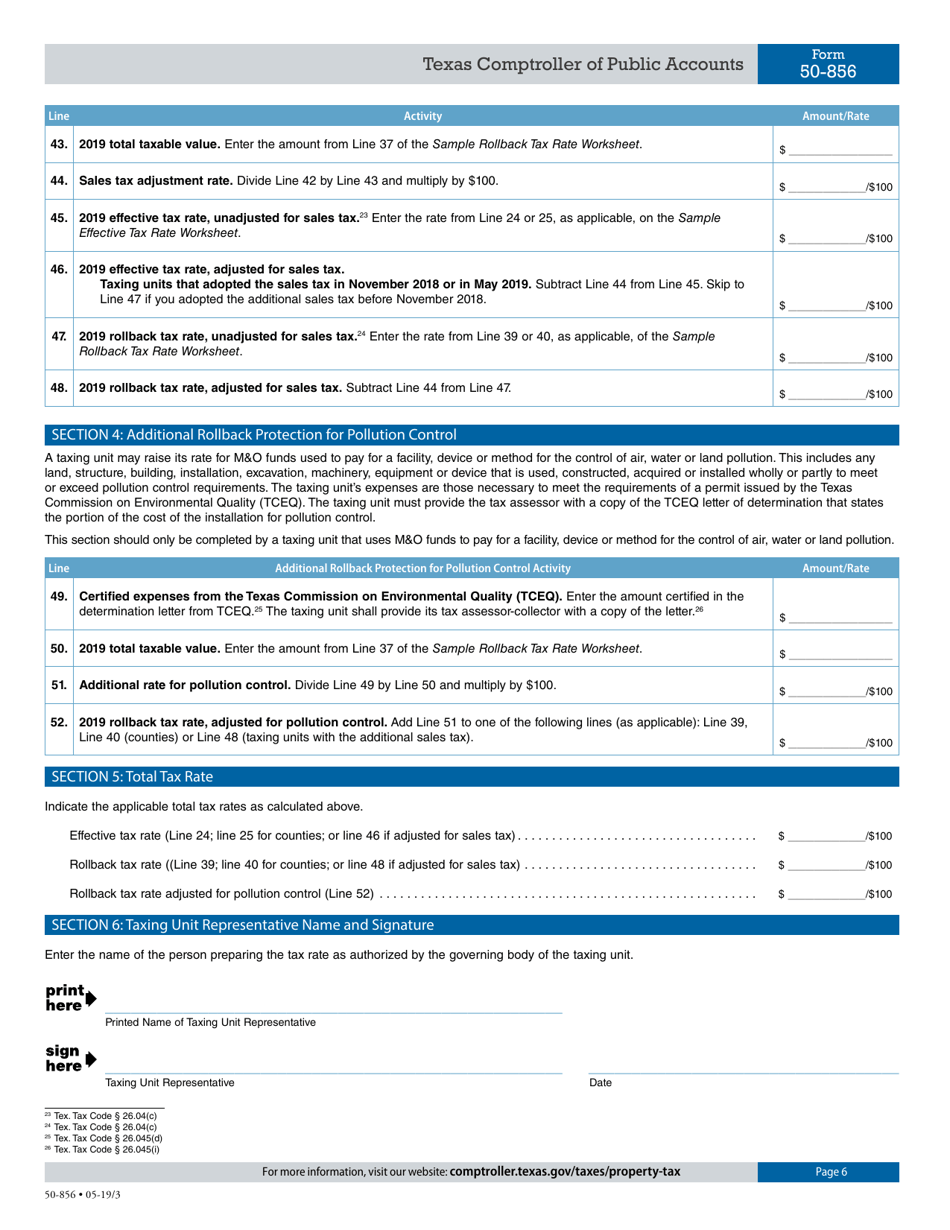 Form 50-856 Sample Tax Rate Calculation Worksheet Taxing Units Other Than School Districts or Water Districts - Texas, Page 6