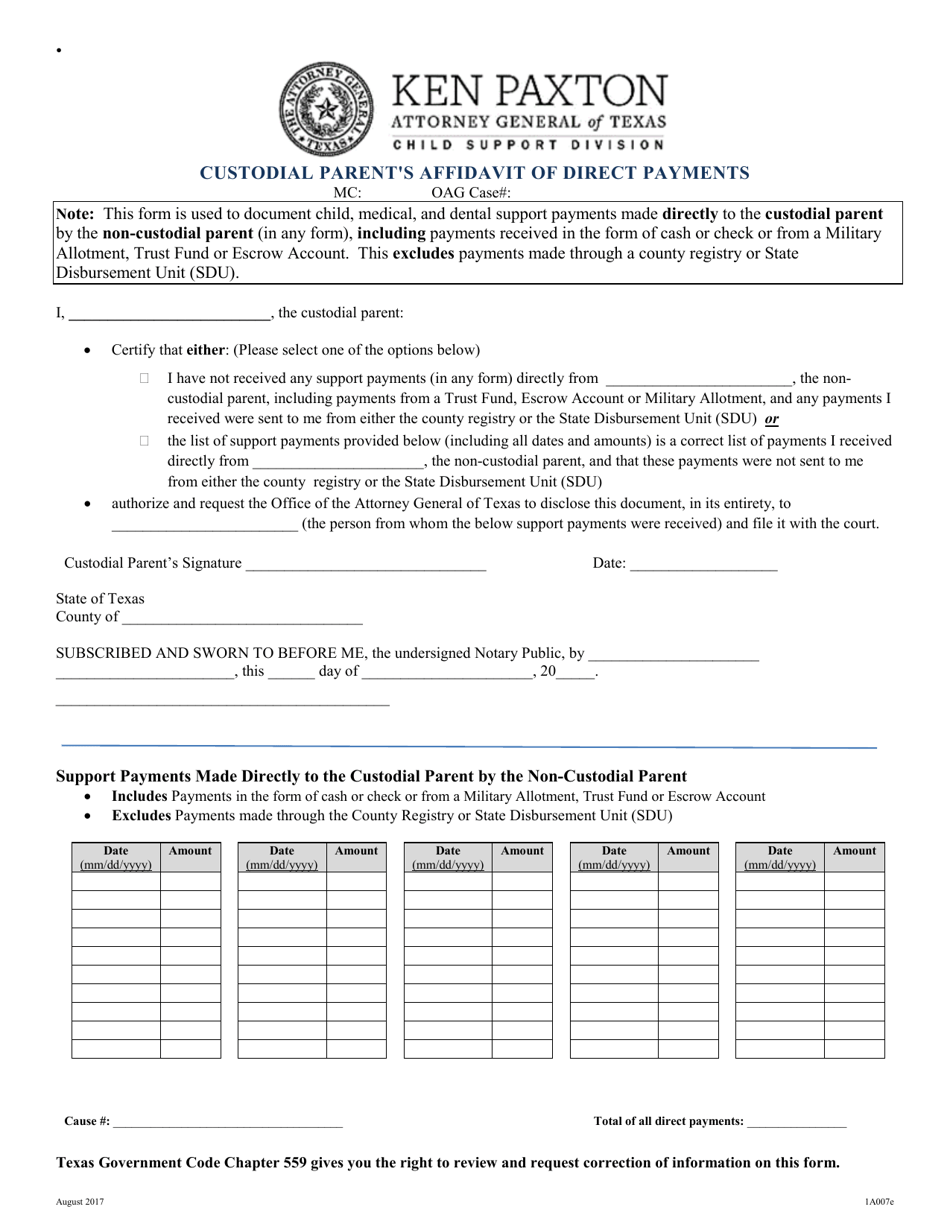Form 1A007E Custodial Parents Affidavit of Direct Payments - Texas, Page 2