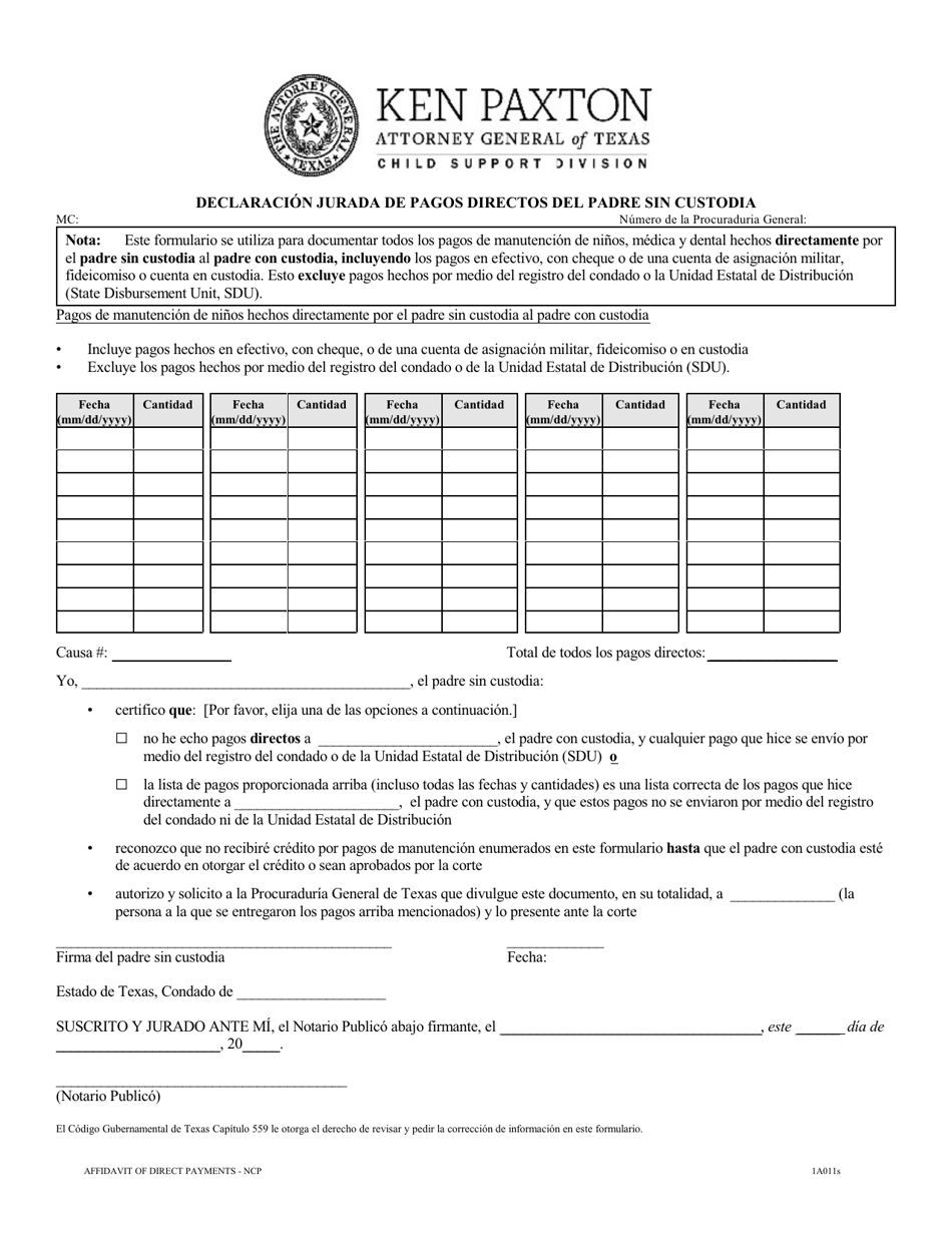 Formulario 1A011S Declaracion Jurada De Pagos Directos Del Padre Sin Custodia - Texas (Spanish), Page 2