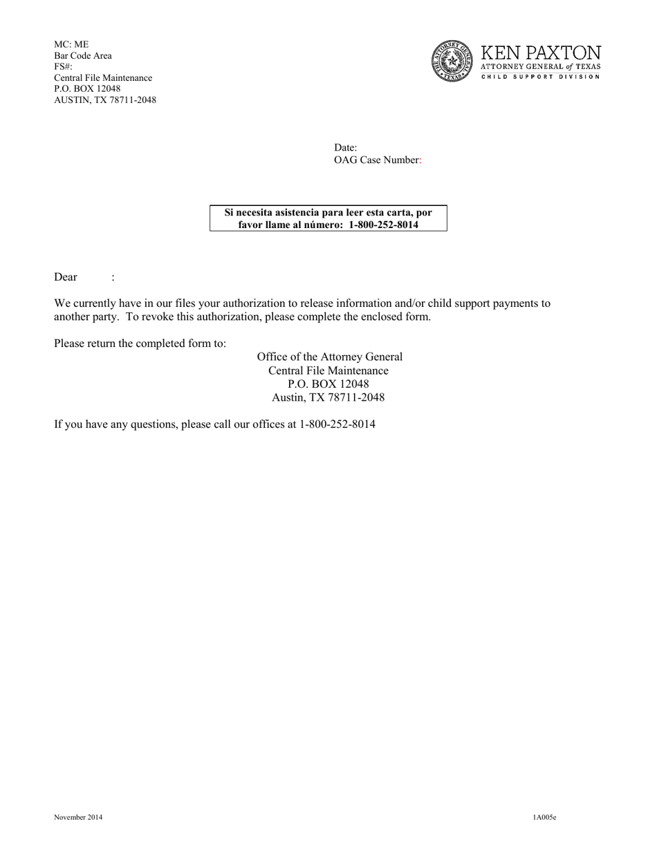 Form 1A005E Revocation of Authorization for Release of Information or Payments - Texas, Page 1