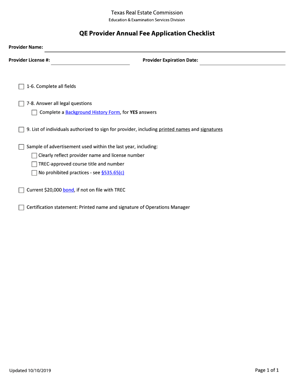 Qe Provider Annual Fee Application Checklist - Texas, Page 1