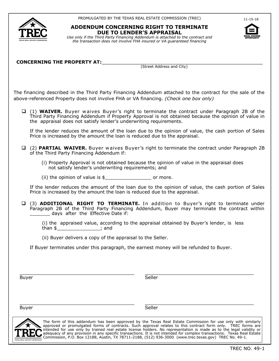 TREC Form 49-1 Addendum Concerning Right to Terminate Due to Lenders Appraisal - Texas, Page 1