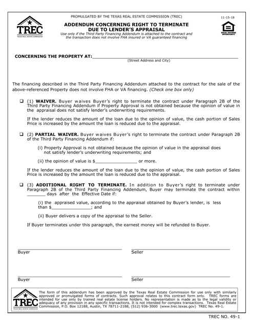 TREC Form 49-1 Addendum Concerning Right to Terminate Due to Lender's Appraisal - Texas