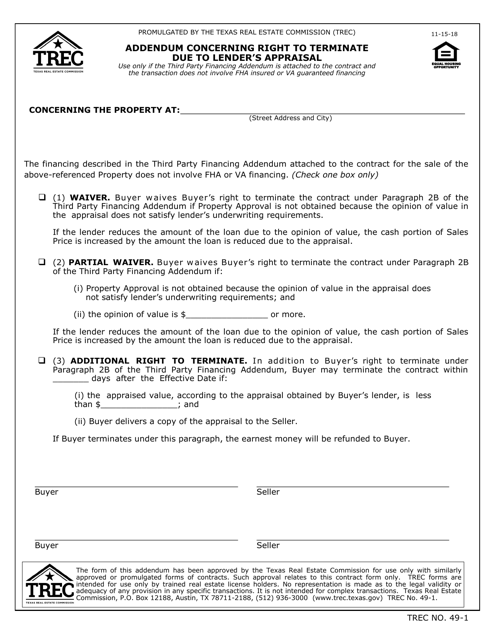 TREC Form 49 1 Download Fillable PDF Or Fill Online Addendum Concerning 