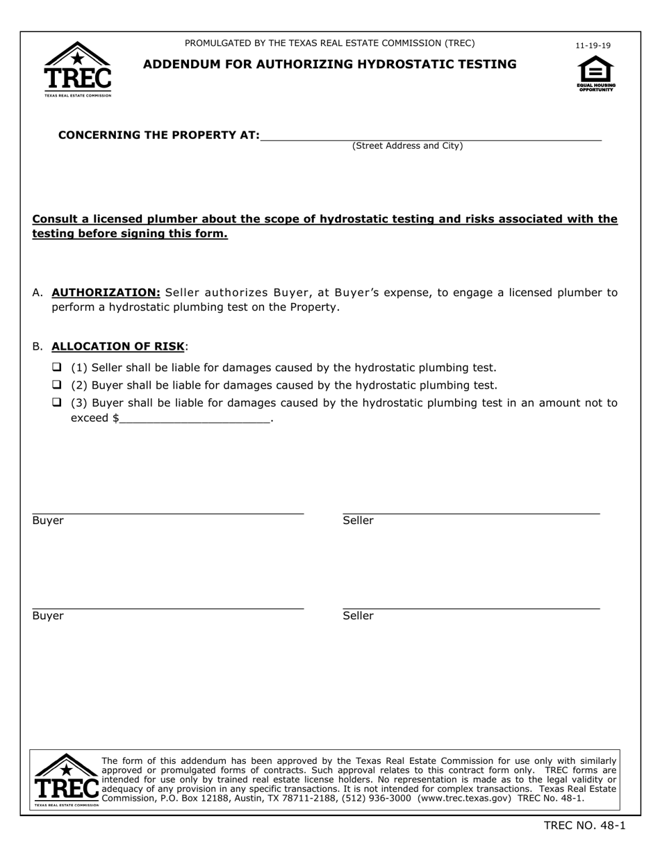 TREC Form 48-1 Addendum for Authorizing Hydrostatic Testing - Texas, Page 1