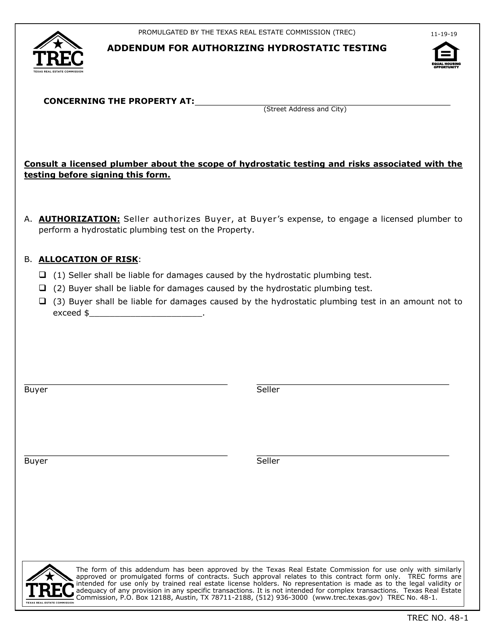 TREC Form 48-1 Addendum for Authorizing Hydrostatic Testing - Texas